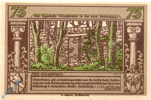 Notgeld Heisterbach , 75 Pfennig Schein Nr 3 , Mehl Grabowski 593.2 , von 1921 , Nordrhein Westfalen Serien Notgeld