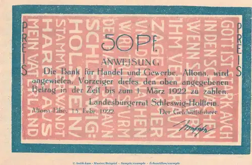 Notgeld Landesbürgerrat Altona 29.1.b , 50 Pfennig schwarz -L über b- in kfr. von 1922 , Hamburg Seriennotgeld