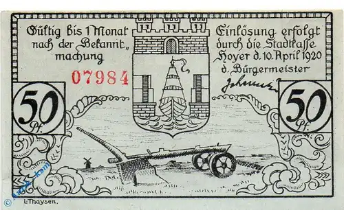 Notgeld Hoyer , 50 Pfennig Schein , Wasserliniert , Mehl Grabowski 633.2 , von 1920 , Dänisch Nordschleswig Seriennotgeld