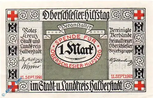 Notgeld Halberstadt , Rotes Kreuz , 1 Mark Schein , Mehl Grabowski 503.1 a , von 1921 , Sachsen Anhalt Seriennotgeld