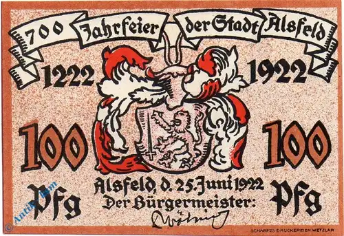 Notgeld Alsfeld , 1 Mark Schein Nr 1 , Mehl Grabowski 16.1 , von 1922 , Hessen Seriennotgeld
