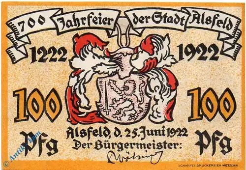 Notgeld Alsfeld , 1 Mark Schein Nr 2 , Mehl Grabowski 16.1 , von 1922 , Hessen Seriennotgeld