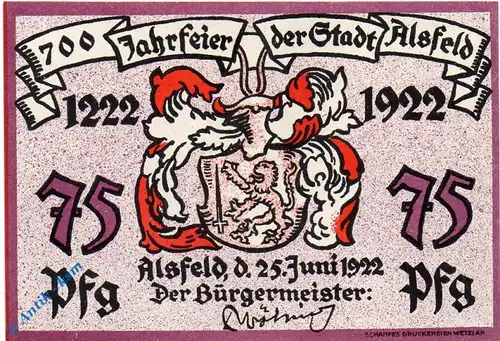 Notgeld Alsfeld , 75 Pfennig Schein Nr 1 , Mehl Grabowski 16.1 , von 1922 , Hessen Seriennotgeld