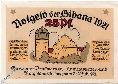 Notgeld Gießen , Gibana , 25 Pfennig Schein , Ohne K.G. , Mehl Grabowski 425.1 b , von 1921 , Hessen Seriennotgeld