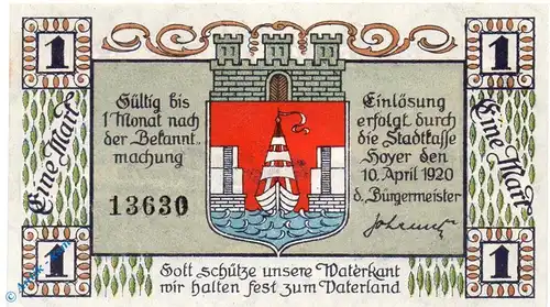 Notgeld Hoyer , 1 Mark Schein , verschl. Kreise , Mehl Grabowski 633.3 , von 1922 , dänisch Nordschleswig Seriennotgeld