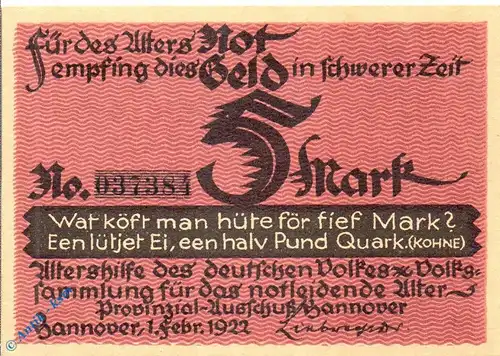 Notgeld Hannover , Altershilfe , 5 Mark Schein Pappe , Mehl Grabowski 569.1 a , von 1922 , Niedersachsen Seriennotgeld