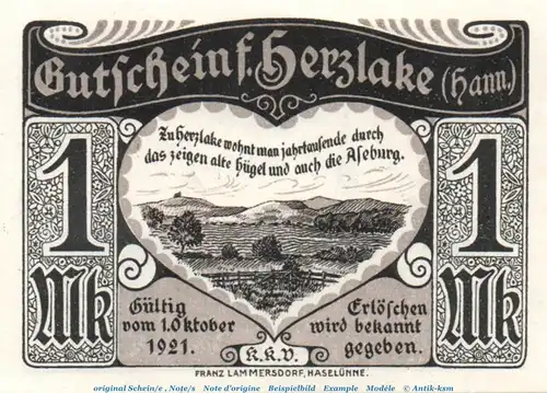 Notgeld Kfm. Verein Herzlake 605.1 ,1 Mark Schein in kfr. von 1921 , Niedersachsen Seriennotgeld