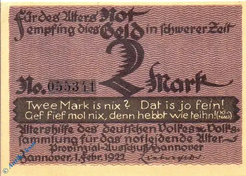 Notgeld Hannover , Altershilfe , 2 Mark Schein Papier , Mehl Grabowski 569.1 c , von 1922 , Niedersachsen Seriennotgeld