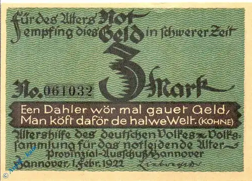Notgeld Hannover , Altershilfe , 3 Mark Schein Papier , Mehl Grabowski 569.1 c , von 1922 , Niedersachsen Seriennotgeld