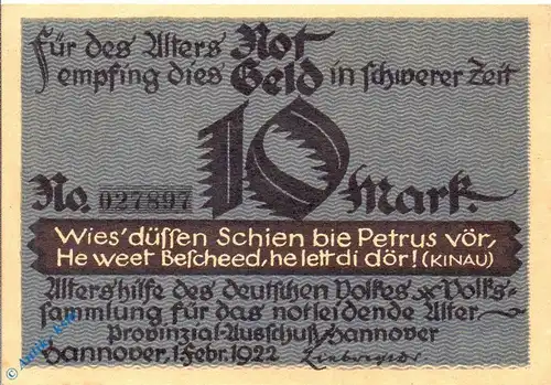 Notgeld Hannover , Altershilfe , 10 Mark Schein Pappe , Mehl Grabowski 569.1 a , von 1922 , Niedersachsen Seriennotgeld