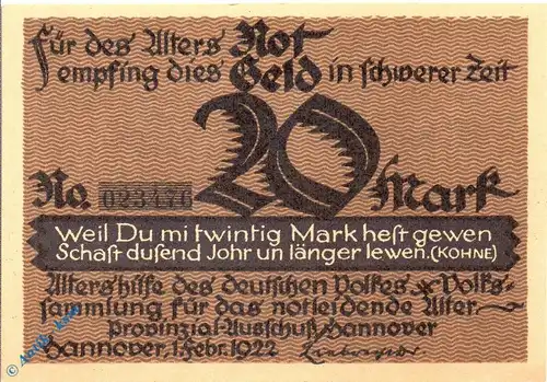 Notgeld Hannover , Altershilfe , 20 Mark Schein Pappe , Mehl Grabowski 569.1 a , von 1922 , Niedersachsen Seriennotgeld