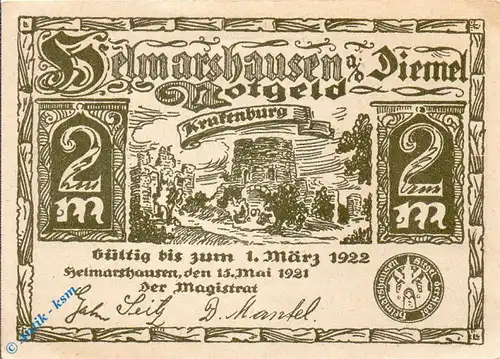 Notgeld Helmarshausen , 2 Mark Schein , oliv , Mehl Grabowski 596.3 , von 1921 , Hessen Seriennotgeld