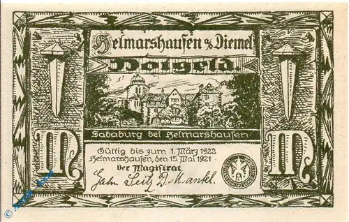 Notgeld Helmarshausen , 1 Mark Schein , oliv , Mehl Grabowski 596.3 , von 1921 , Hessen Seriennotgeld