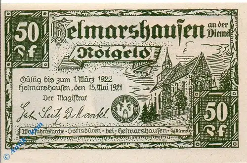 Notgeld Helmarshausen , 50 Pfennig Schein , oliv , Mehl Grabowski 596.3 , von 1921 , Hessen Seriennotgeld