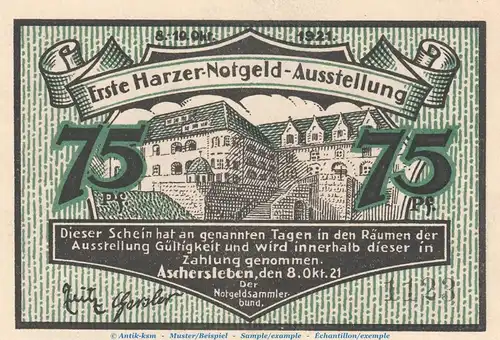 Notgeld Notgeldsammlerbund Aschersleben 49.1 , 75 Pfennig Schein in kfr. von 1921 , Sachsen Anhalt Seriennotgeld