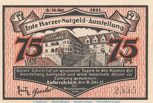 Notgeld Notgeldsammlerbund Aschersleben 49.2 , 75 Pfennig Schein in kfr. von 1921 , Sachsen Anhalt Seriennotgeld