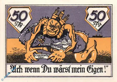 Notgeld Altenwerder Finkenwerder 25.1.a , 50 Pfennig Schein Nr 4 in kfr. klar , von 1921 , Hamburg Seriennotgeld