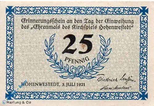 Notgeld Hohenwestedt , 25 Pfennig Schein in kfr. ohne Punkt , Mehl Grabowski 622.1 a , von 1921 , Schleswig Holstein Seriennotgeld