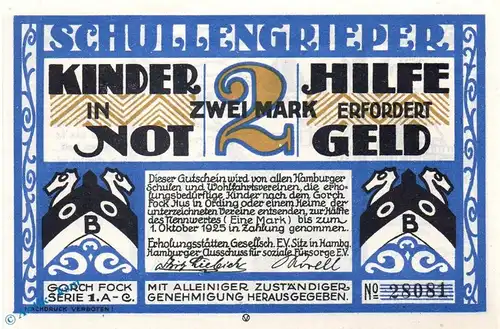 Notgeld Hamburg , Erholungsstätten , 2 Mark Schein in kfr. Mehl Grabowski 526.1 , Hamburg Seriennotgeld