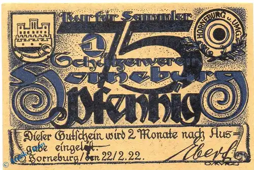Notgeld Horneburg , Schützenverein , 75 Pfennig Schein Nr 1 in kfr. Mehl Grabowski 631.1 , von 1922 , Niedersachsen Seriennotgeld