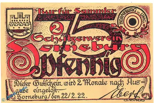 Notgeld Horneburg , Schützenverein , 75 Pfennig Schein Nr 2 in kfr. Mehl Grabowski 631.1 , von 1922 , Niedersachsen Seriennotgeld