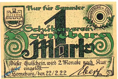 Notgeld Horneburg , Schützenverein , 1 Mark Schein in kfr. Mehl Grabowski 631.1 , von 1922 , Niedersachsen Seriennotgeld