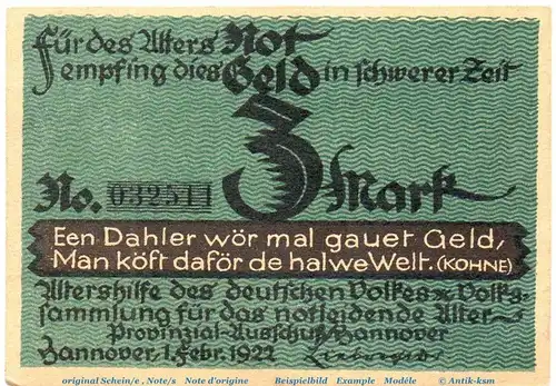 Notgeld Altershilfe Hannover 569.1.a , 3 Mark Schein Karton in kfr. von 1922 , Niedersachsen Seriennotgeld