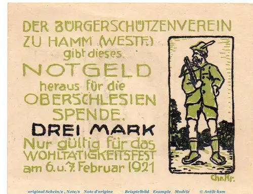 Notgeld Bürgerschützenverein Hamm 567.1.b , 3 Mark Schein in kfr. von 1921 , Westfalen Seriennotgeld