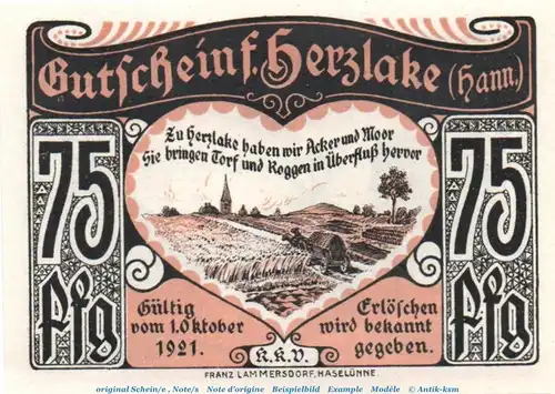 Notgeld Kfm. Verein Herzlake 605.1 , 75 Pfennig Schein in kfr. von 1921 , Niedersachsen Seriennotgeld