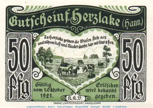 Notgeld Kfm. Verein Herzlake 605.1 , 50 Pfennig Schein in kfr. von 1921 , Niedersachsen Seriennotgeld