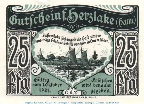 Notgeld Kfm. Verein Herzlake 605.1 , 25 Pfennig Schein in kfr. von 1921 , Niedersachsen Seriennotgeld