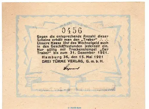 Notgeld der Traber Hamburg 524.1.b , 60 Pfennig Schein in kfr. von 1921 , Hamburg Seriennotgeld