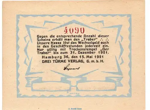 Notgeld der Traber Hamburg 524.1.c , 60 Pfennig Schein in kfr. von 1921 , Hamburg Seriennotgeld