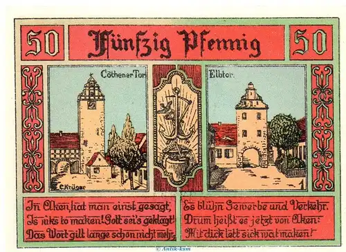Notgeld Stadt Aken 8.2.a , 50 Pfennig Schein Nr 1 dünn in kfr. von 1921 , Sachsen Anhalt Seriennotgeld