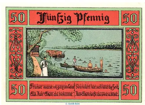 Notgeld Stadt Aken 8.2.a , 50 Pfennig Schein Nr 3 dünn in kfr. von 1921 , Sachsen Anhalt Seriennotgeld