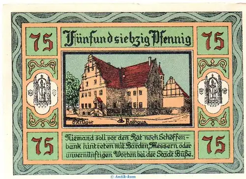 Notgeld Stadt Aken 8.2.a , 75 Pfennig Schein dünn in kfr. von 1921 , Sachsen Anhalt Seriennotgeld