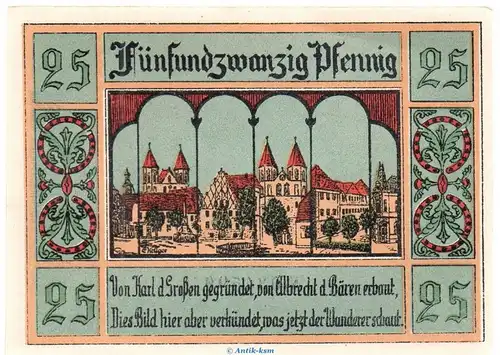 Notgeld Stadt Aken 8.2.a , 25 Pfennig Schein dünn in kfr. von 1921 , Sachsen Anhalt Seriennotgeld