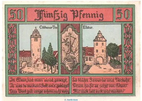 Notgeld Stadt Aken 8.1 , 50 Pfennig Nr 1 dunkel und matt in kfr. von 1921 , Sachsen Anhalt Seriennotgeld