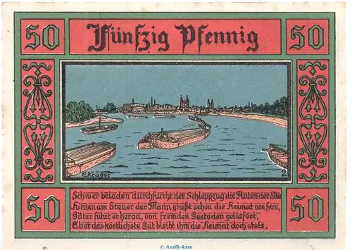 Notgeld Stadt Aken 8.1 , 50 Pfennig Nr 2 dunkel und matt in kfr. von 1921 , Sachsen Anhalt Seriennotgeld