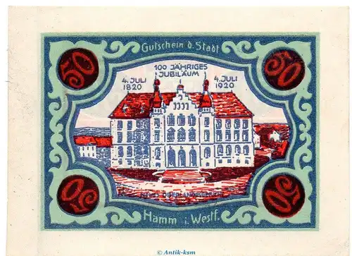 Notgeld Stadt Hamm 568.2.a , 50 Pfennig B Nr.6 breiter Rand in kfr. von 1920 , Westfalen Seriennotgeld
