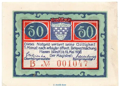 Notgeld Stadt Hamm 568.2.a , 50 Pfennig B Nr.6 breiter Rand in kfr. von 1920 , Westfalen Seriennotgeld