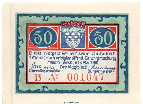Notgeld Stadt Hamm 568.2.a , 50 Pfennig B Nr.5 breiter Rand in kfr. von 1920 , Westfalen Seriennotgeld