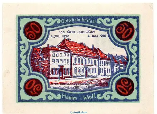 Notgeld Stadt Hamm 568.2.a , 50 Pfennig B Nr.5 breiter Rand in kfr. von 1920 , Westfalen Seriennotgeld