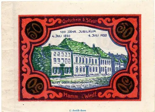 Notgeld Stadt Hamm 568.2.b , 50 Pfennig C Nr.3 breiter Rand in kfr. von 1920 , Westfalen Seriennotgeld