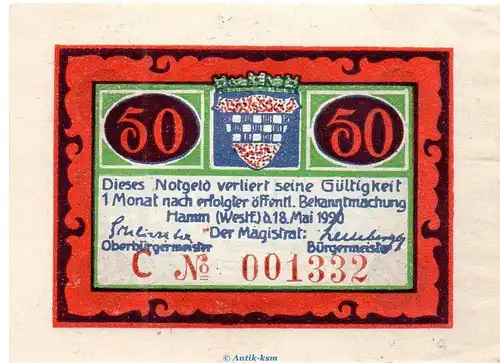 Notgeld Stadt Hamm 568.2.b , 50 Pfennig C Nr.3 breiter Rand in kfr. von 1920 , Westfalen Seriennotgeld