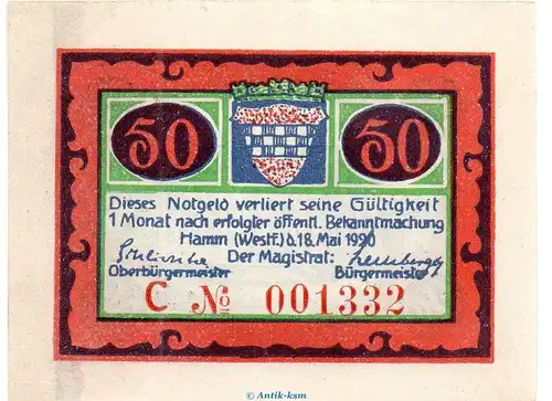 Notgeld Stadt Hamm 568.2.b , 50 Pfennig C Nr.4 breiter Rand in kfr. von 1920 , Westfalen Seriennotgeld