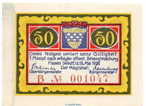 Notgeld Stadt Hamm 568.2.a , 50 Pfennig B Nr.7 breiter Rand in kfr. von 1920 , Westfalen Seriennotgeld