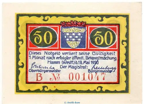 Notgeld Stadt Hamm 568.2.a , 50 Pfennig B Nr.8 breiter Rand in kfr. von 1920 , Westfalen Seriennotgeld