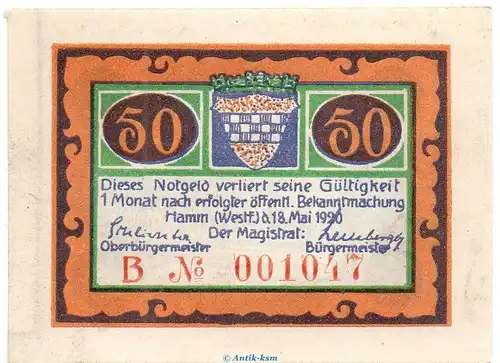 Notgeld Stadt Hamm 568.2.a , 50 Pfennig B Nr.1 breiter Rand in kfr. von 1920 , Westfalen Seriennotgeld