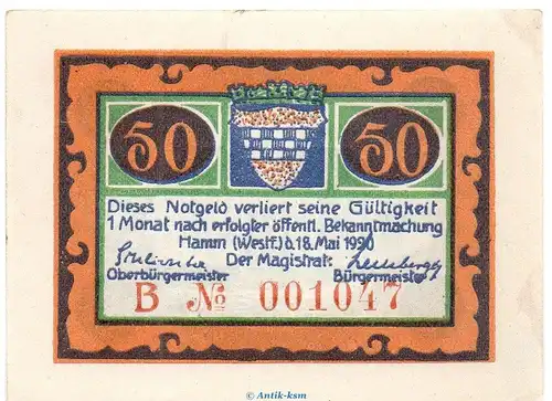 Notgeld Stadt Hamm 568.2.a , 50 Pfennig B Nr.2 breiter Rand in kfr. von 1920 , Westfalen Seriennotgeld